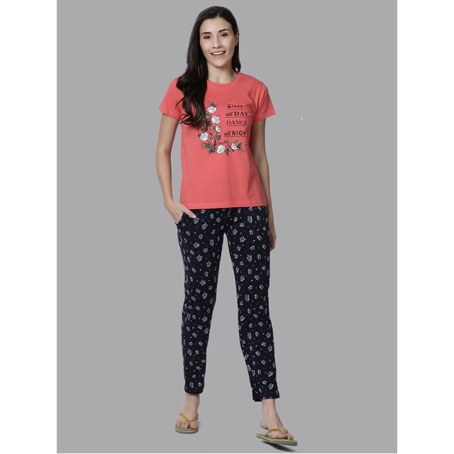 Kryptic Women's Printed Pure Cotton Lounge T-shirt | Fuschia Pink - S