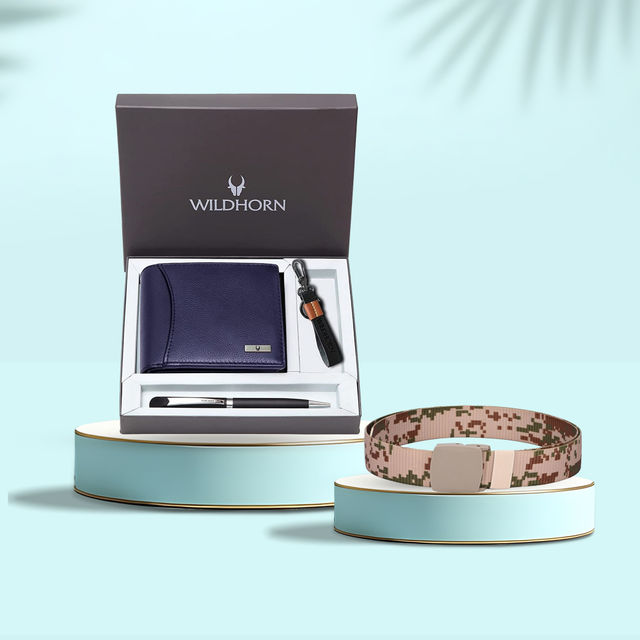 Wildhorn Men'S Leather Wallet Gift Set | Blue - One Size (1pc) & Calvadoss Unisex Canvas Belt | Canu-1054 | Beige | Upto 40 Inch (1pc) Combo