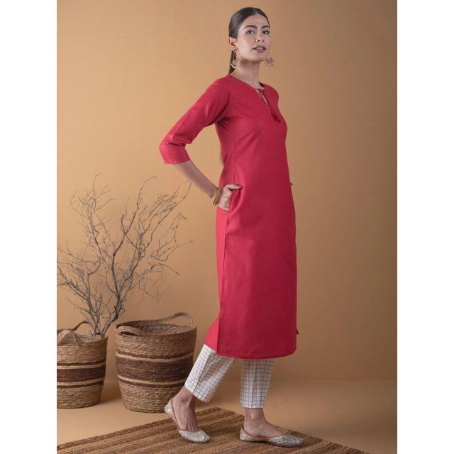 Libas Women's Solid Cotton Kurta | Maroon | L