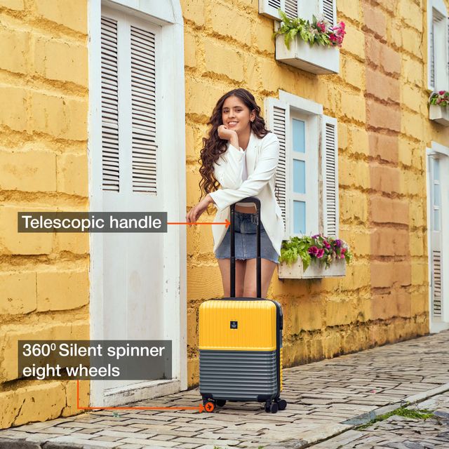 Nasher Miles Unisex Striped ABS and PC 47 L Cabin Luggage | Grey and Yellow - S