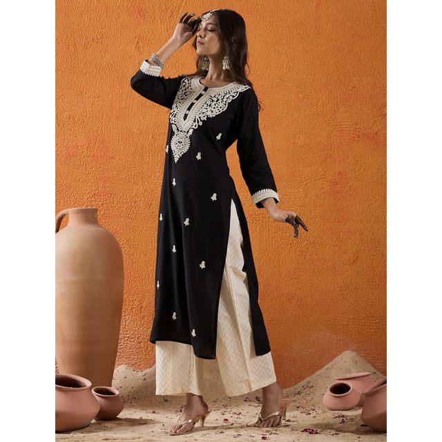 Indo Era Women's Viscose Rayon Floral Embroidered Straight Kurta | KT5BK10014 | Black - XL