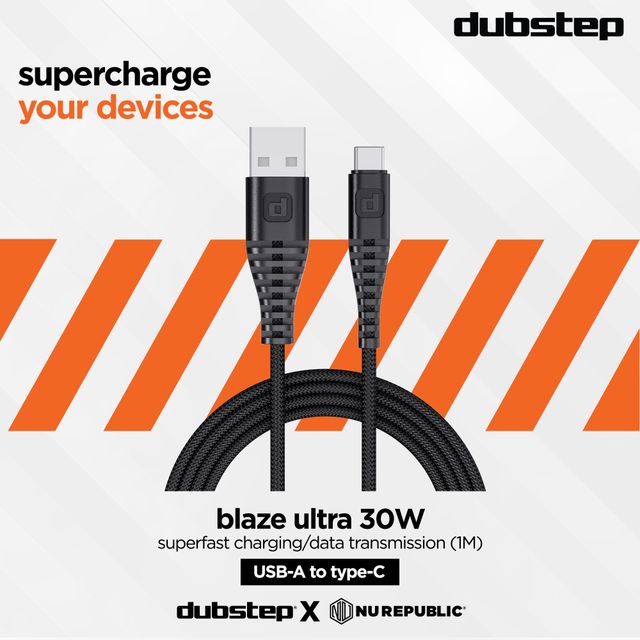 Dubstep Blaze Ultra 30W 3.5A Fast Charging USB A to Type C Cable (Black)