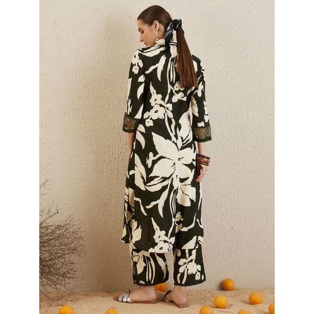 Indo Era Women's Viscose Rayon Sequinned Work Straight Kurta with Pant Set | KS5GN6137 | Green -L