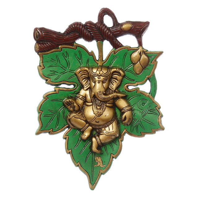 eCraftIndia Dancing Golden Lord Ganesha on Green Leaf Metal Wall Hanging