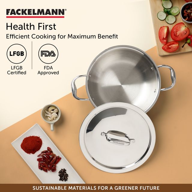 Fackelmann 2.5 Liter Kadai 24 CM, Triply | German Quality | Energy-Efficient | Non-Toxic | Versatile Cookware | Hassle-Free Maintenance | Triply Stainless Steel kadai | Kadai for Cooking