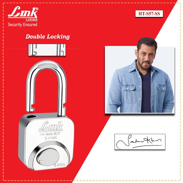 Link Stainless Steel Hi-Tech S-57mm Padlock with Hardened Shackle & 3 Brass Keys