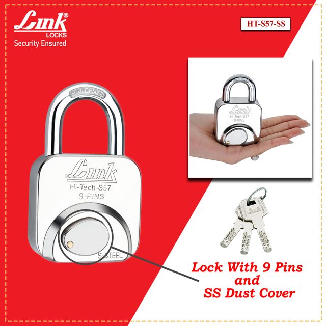 Link Stainless Steel Hi-Tech S-57mm Padlock with Hardened Shackle & 3 Brass Keys