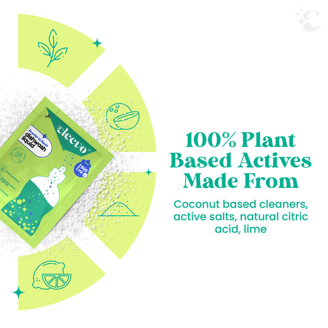 Cleevo Natural Copper Brass & Silver Cleaning Spray Pack Powder To Liquid (1l) & Cleevo Natural Dishwash Liquid Pack Non-Toxic Eco-Friendly Powder To Liquid Lime (2l) Combo