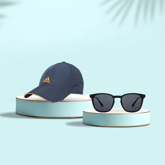 Adidas Unisex Cap | One Size Fit Most | Cd3042 | Blue (1pc) & Vincent Chase By Lenskart Unisex Solid Plastic Wayfarer Sunglasses | Black - L (1pc) Combo 
