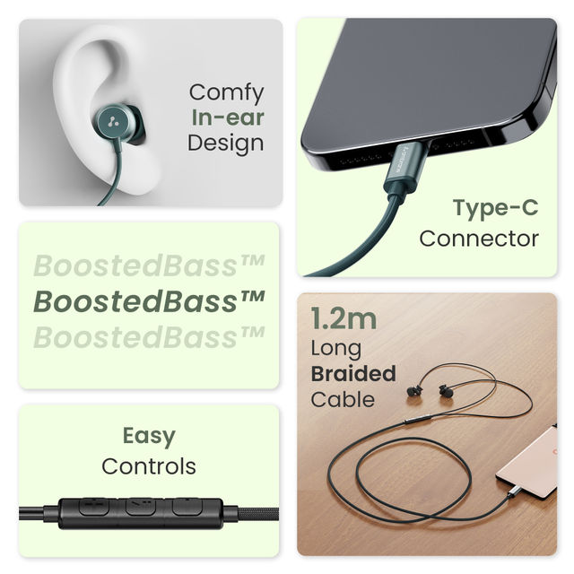 Ambrane Type C Wired Earphones With In-Line Mic, 10Mm Drivers, Control Buttons (Stringz 38C, Black)