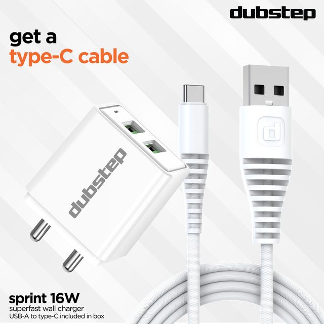 Dubstep Sprint 16W 3.1A Dual Usb Port Superfast Charger Adapter (With Cable Usb-A To Type-C, White)
