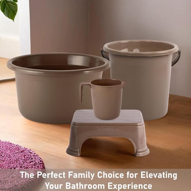Kuber Industries Tub-Bucket with Mug & Stool Bathroom Combo Set|Set of 4|Brown