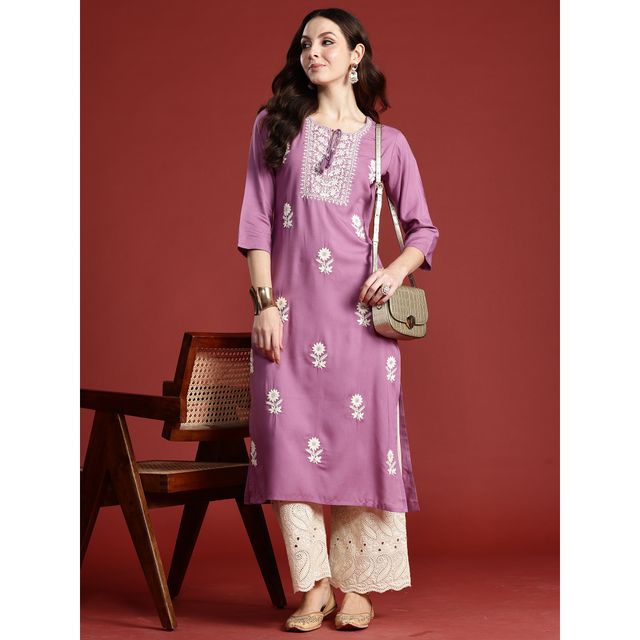 Indo Era Women's Viscose Rayon Floral Embroidered Straight Kurta | KT5LV9998 | Lavender - L