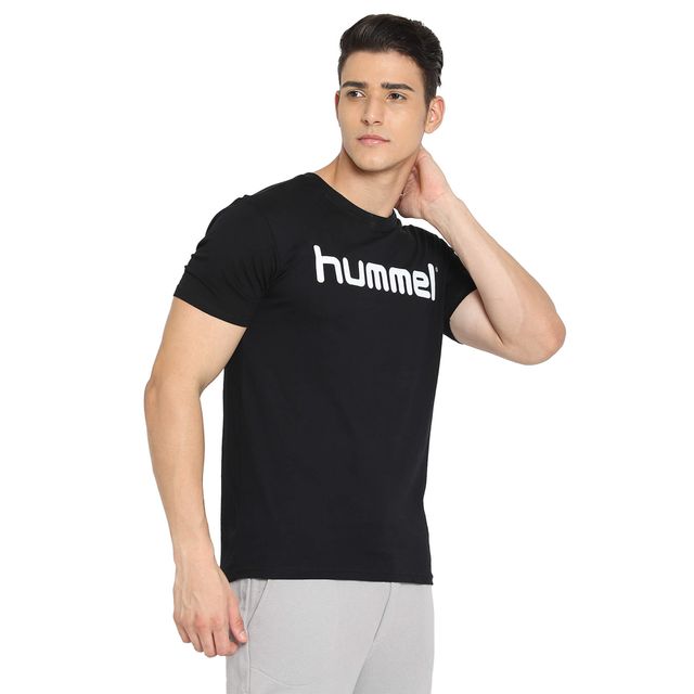 hummel Men's Go Logo Round Neck Solid Regular Fit Cotton Poly T-shirt | Black - M