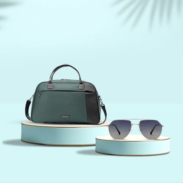 Assembly Verve Duffle Travel Bag | Water Resistant - Green (1pc) & Vincent Chase By Lenskart Unisex Solid Metal Aviator Sunglasses | Black And Gold - L (1pc) Combo