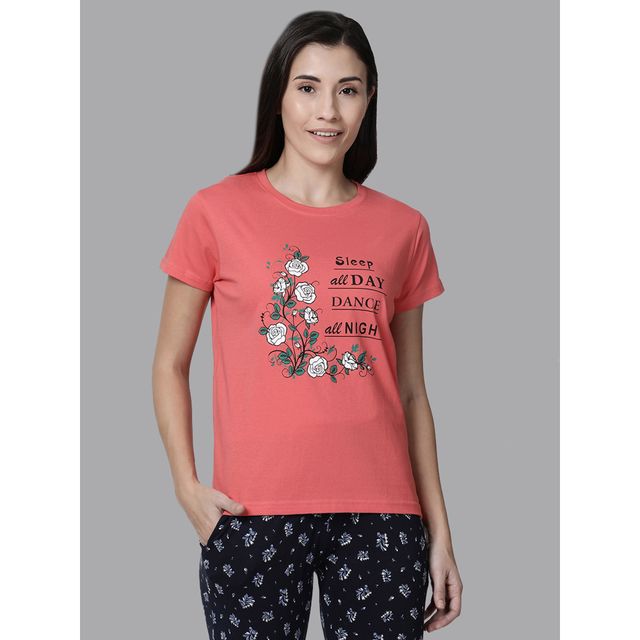 Kryptic Women's Printed Pure Cotton Lounge T-shirt | Fuschia Pink - S