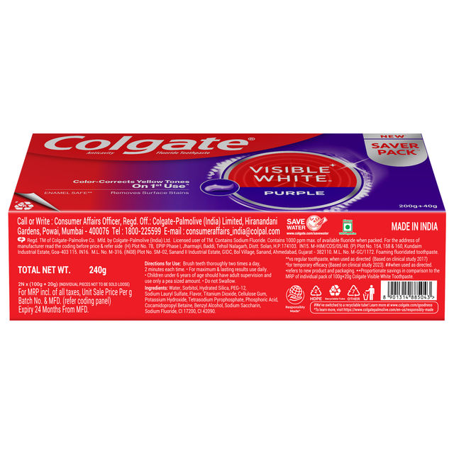 Colgate Visible White Purple Toothpaste Color-Corrects Yellow Tones On 1St Use