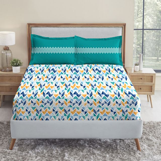 Mytrident Bedsheet Set | Queen Size Double Bed sheet set | 100% Cotton - Trippy Triangles Blue