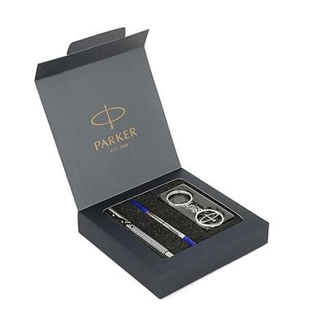 Parker Gift Set - (Parker Vector Special Edition Chrome Trim Roller Ball Pen) |1 Pen + 1 Key Chain (1pc) & Paperkraft Single Line Executive Notebook (300 Pages) (1pc) Combo