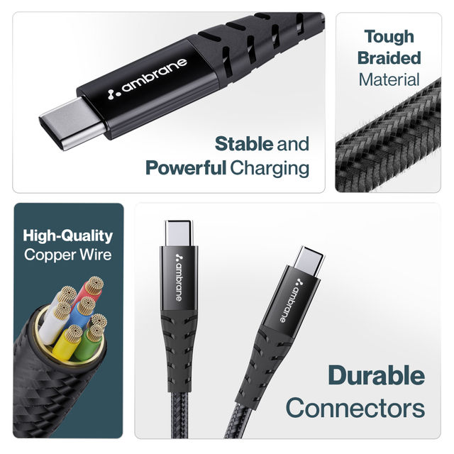 Ambrane Type C to Type C Cable 60W Fast Charging 1.5M Braided Cable for Smartphones (RCTT15, Black)