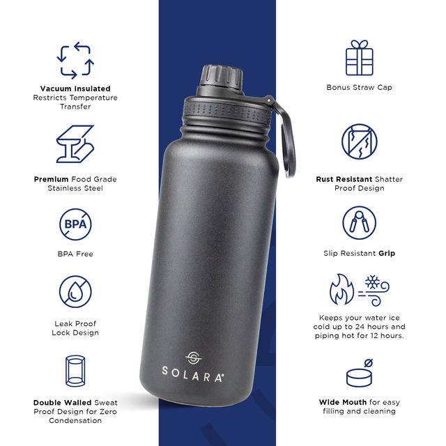 Solara Insulated Water Bottle 1 Liter For Travel, Office, School, Gym, Sipper Bottle - Black Knight