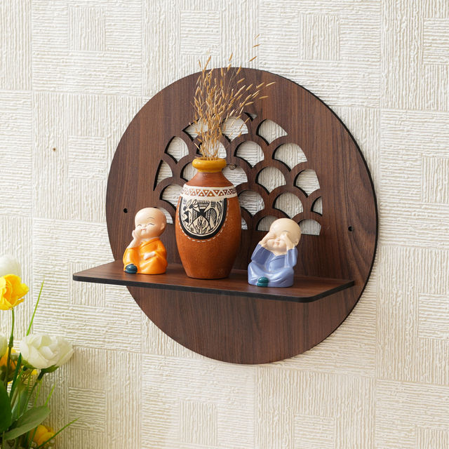 eCraftIndia Brown Round Shape Designer Wooden Wall Shelf