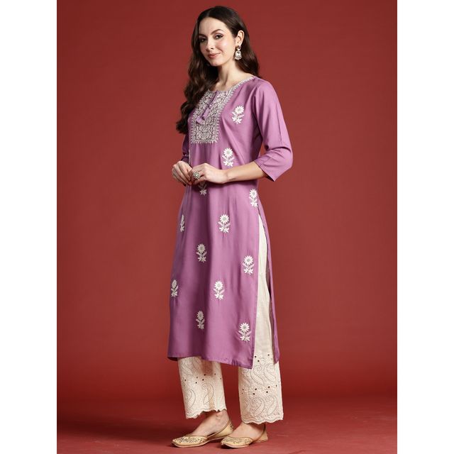 Indo Era Women's Viscose Rayon Floral Embroidered Straight Kurta | KT5LV9998 | Lavender - L
