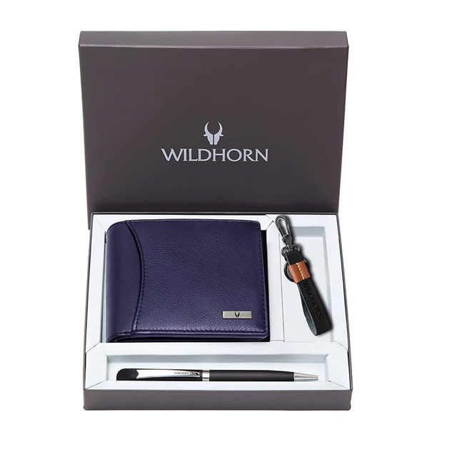 Wildhorn Men'S Leather Wallet Gift Set | Blue - One Size (1pc) & Calvadoss Unisex Canvas Belt | Canu-1054 | Beige | Upto 40 Inch (1pc) Combo