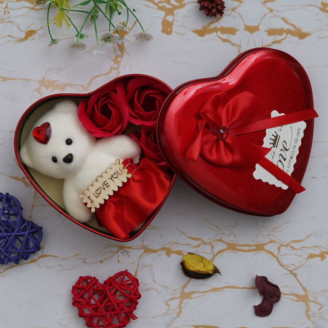 eCraftIndia Heart Shaped Valentine's Day Gift Box with I Love You, White Teddy Bear and 3 Red Roses