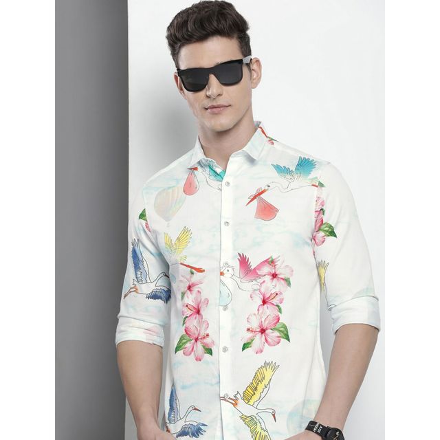 The Indian Garage Co Men's Slim Fit Floral Printed Casual Shirts | White - L