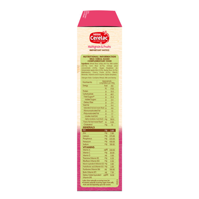 Nestle CERELAC Multigrain & Fruits Baby Food Cereal (Source of Iron & Protein, 12 -24 Months)