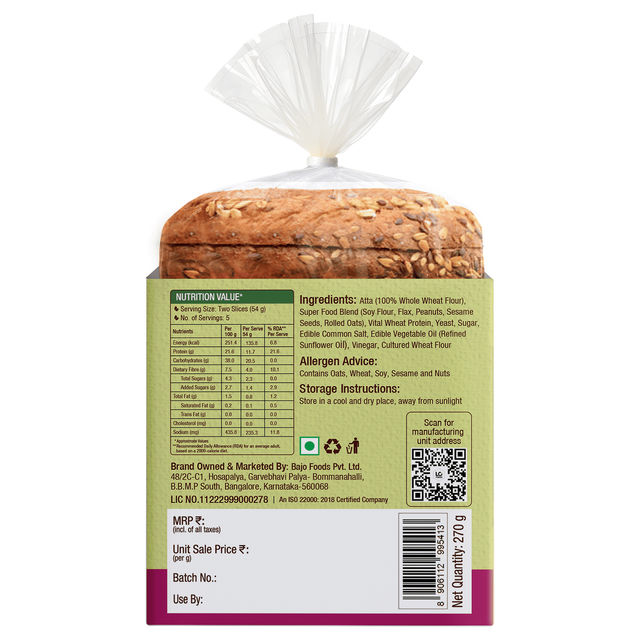 Protein Chef 5 Super Foods Multigrain Brown Bread (Zero Maida, High Protein) Made with MP Sharbati