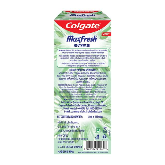 Colgate MaxFresh Mouthwash Sachet Stick, Antibacterial, 0% Alcohol, Travel/Daily Freshness