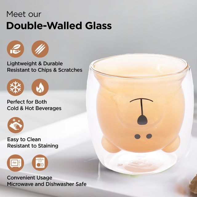 Umai Cute Teddy Bear Glass Mug Set Of 2 I Double Walled Borosilicate 250 ml I Transparent