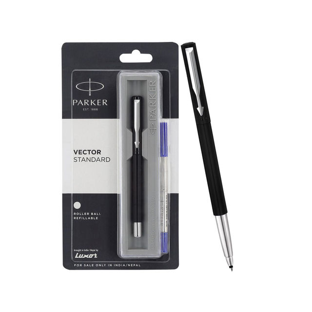 Parker Vector Standard Roller Ball Pen Chrome Trim Black Body (Blue Ink) (1pc) & Mypaperclip Executive Series A5 Notebook | Soft Cover | Blue | 240 Plain Pages | Flat-Lay Design (1pc) Combo