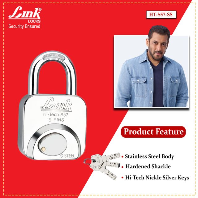 Link Stainless Steel Hi-Tech S-57mm Padlock with Hardened Shackle & 3 Brass Keys