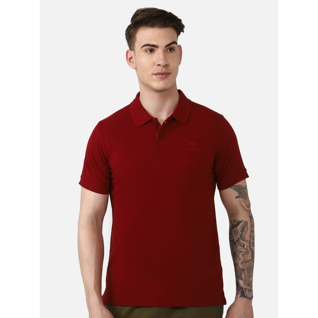 hummel Men's Dany Polo Neck Solid Regular Fit Cotton Poly T-shirt | Maroon - XL