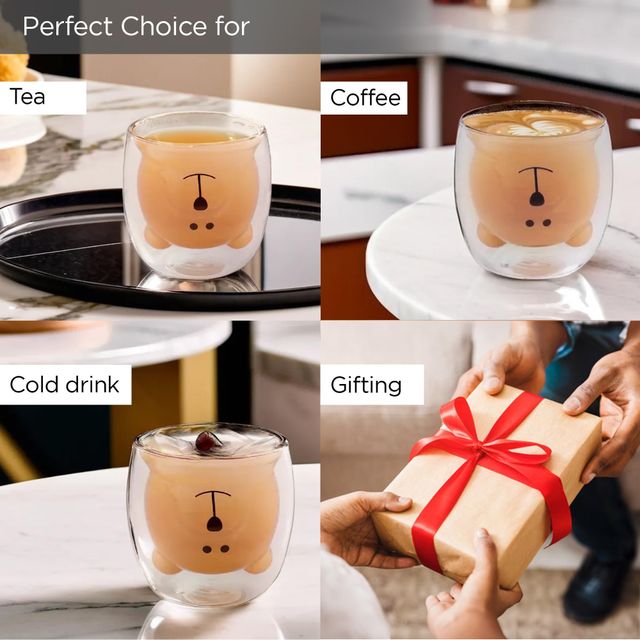 Umai Cute Teddy Bear Glass Mug Set Of 2 I Double Walled Borosilicate 250 ml I Transparent