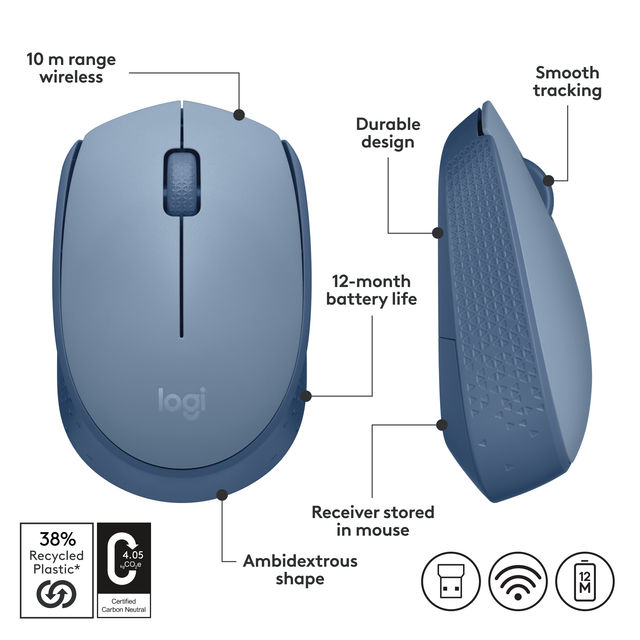 Logitech M171 Wireless Optical Mouse Blue Grey