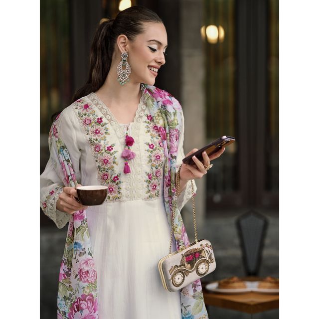 Indo Era Women's Silk Blend Floral Straight Kurta Set with Dupatta | KH9WH7379 | White - XL
