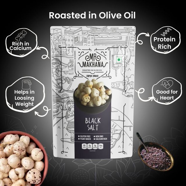 MR. MAKHANA Fox Nuts Black Salt - Delicious Teatime Snack, Popped Lotus Seeds, Roasted In Olive Oil