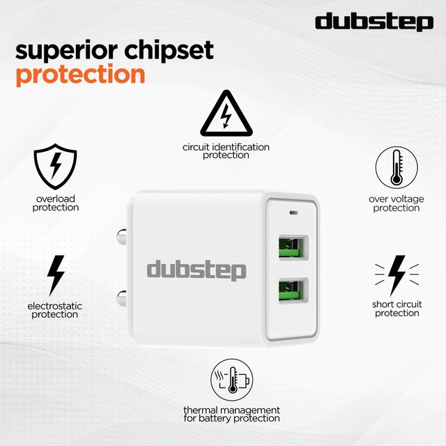 Dubstep Sprint 16W 3.1A Dual Usb Port Superfast Charger Adapter (With Cable Usb-A To Type-C, White)