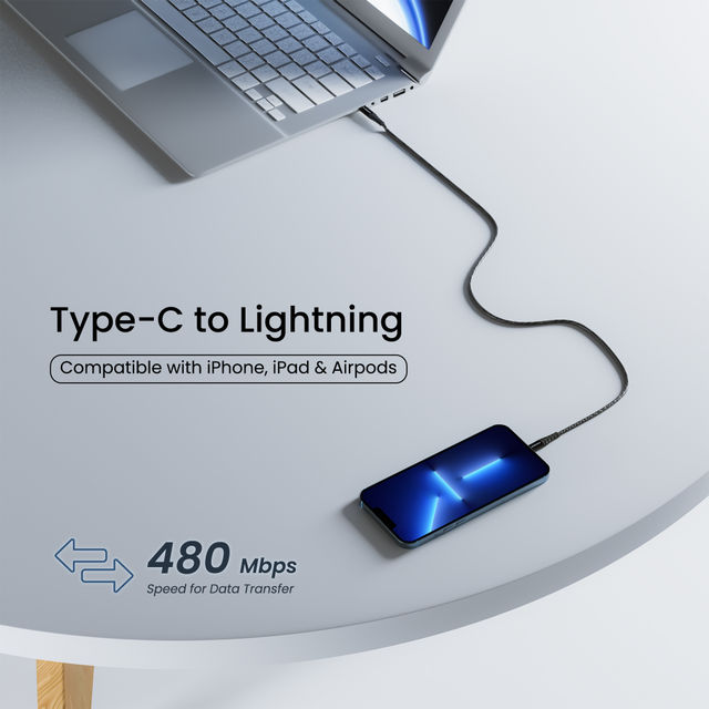 Ambrane ABTL 125 USB-C to Lightning Cable - Black | 1.25m | Unbreakable Design for iPhone