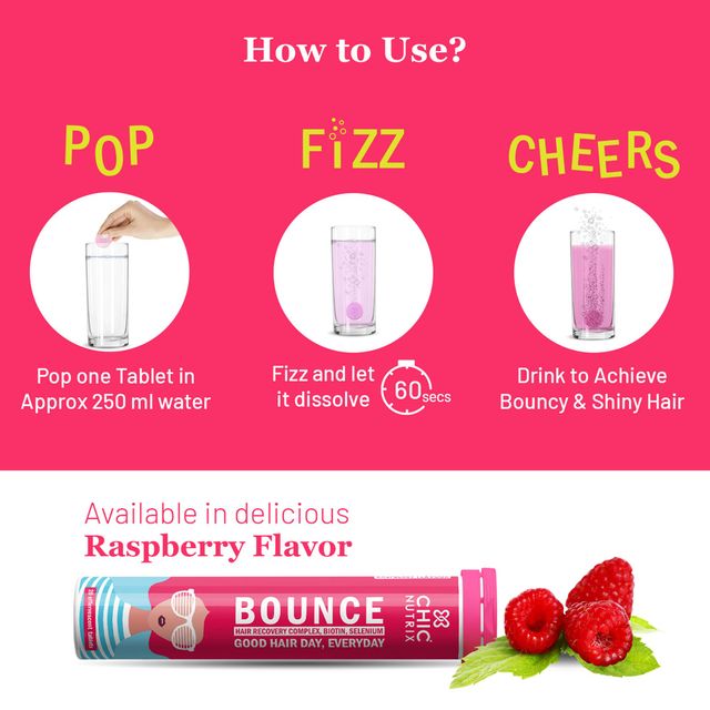 Chicnutrix Bounce Biotin For Hair Growth & Shine with Selenium & Amino Acids - Raspberry Effervescent Tablets