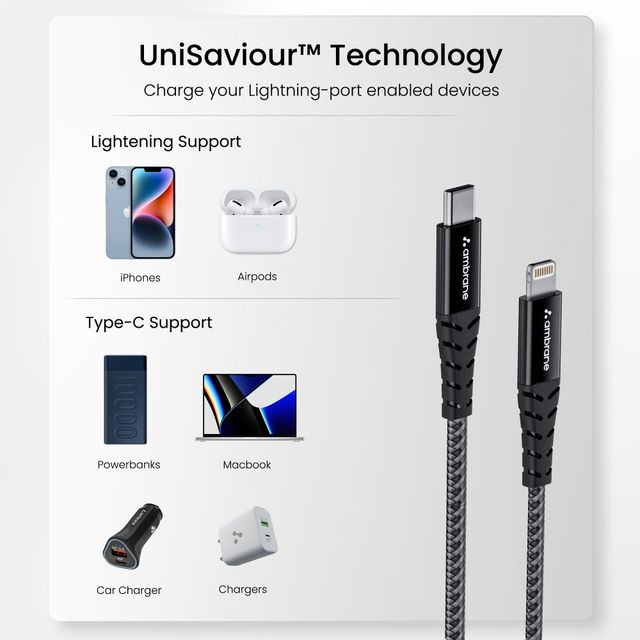 Ambrane ABTL 125 USB-C to Lightning Cable - Black | 1.25m | Unbreakable Design for iPhone