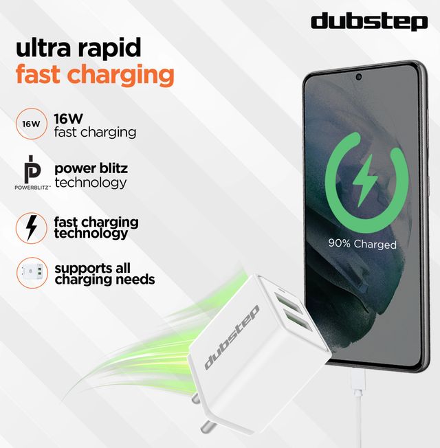 Dubstep Sprint 16W 3.1A Dual Usb Port Superfast Charger Adapter (With Cable Usb-A To Type-C, White)