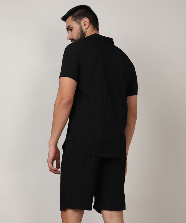 Campus Sutra Men's Self - Design Striped Co-ord Set | Midnight Black - XL