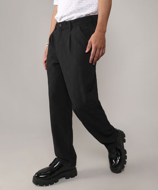 Campus Sutra Men's Creased-Check Trousers | Black - 34