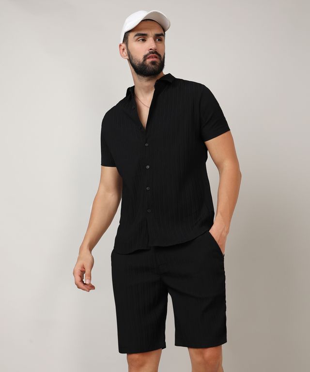 Campus Sutra Men's Self - Design Striped Co-ord Set | Midnight Black - XL