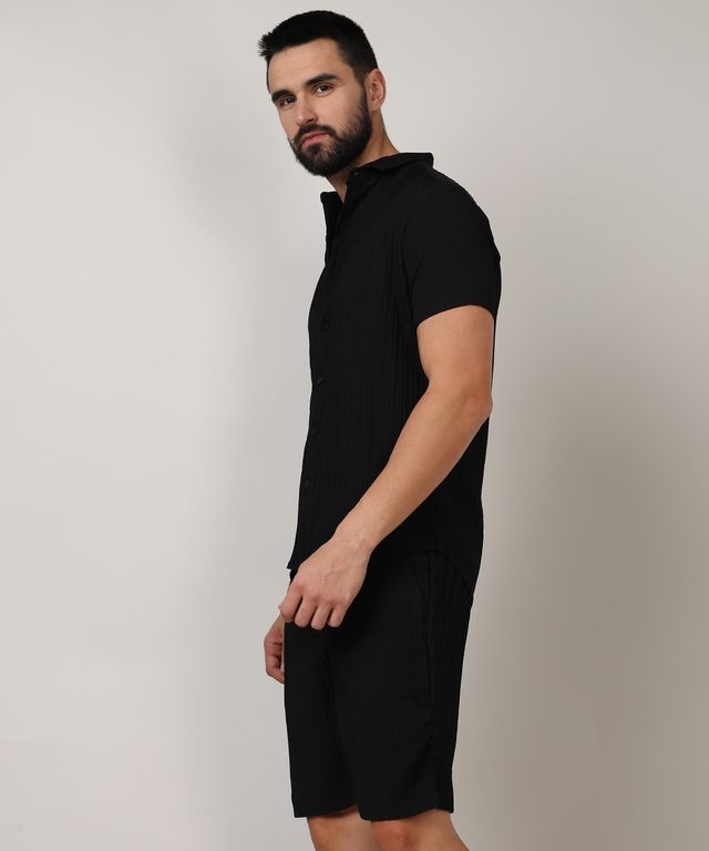 Campus Sutra Men's Self - Design Striped Co-ord Set | Midnight Black - XL